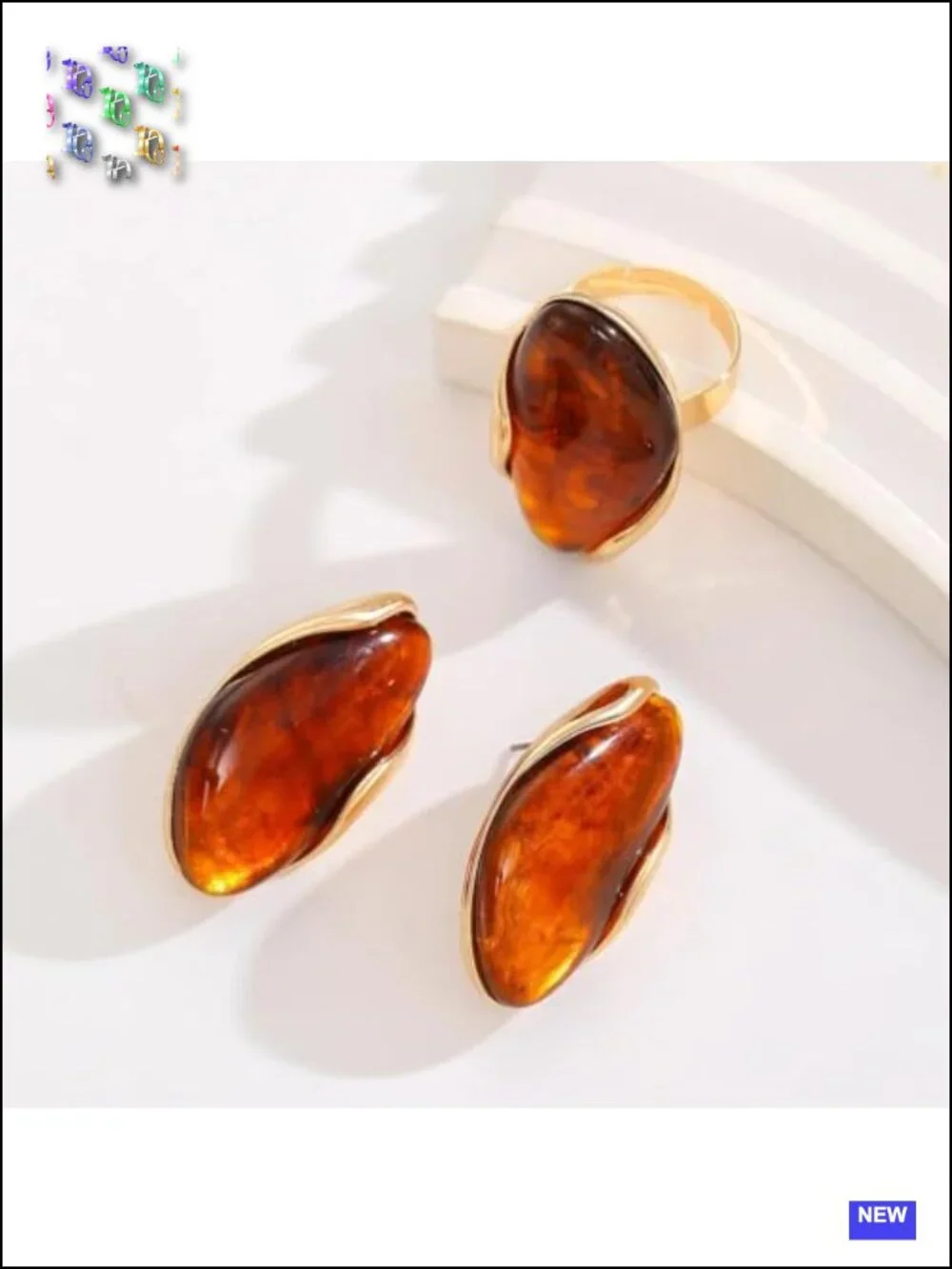 Vintage Chunky Brown Resin Jewelry Set - Dainty Boho Drop Earrings & Cocktail